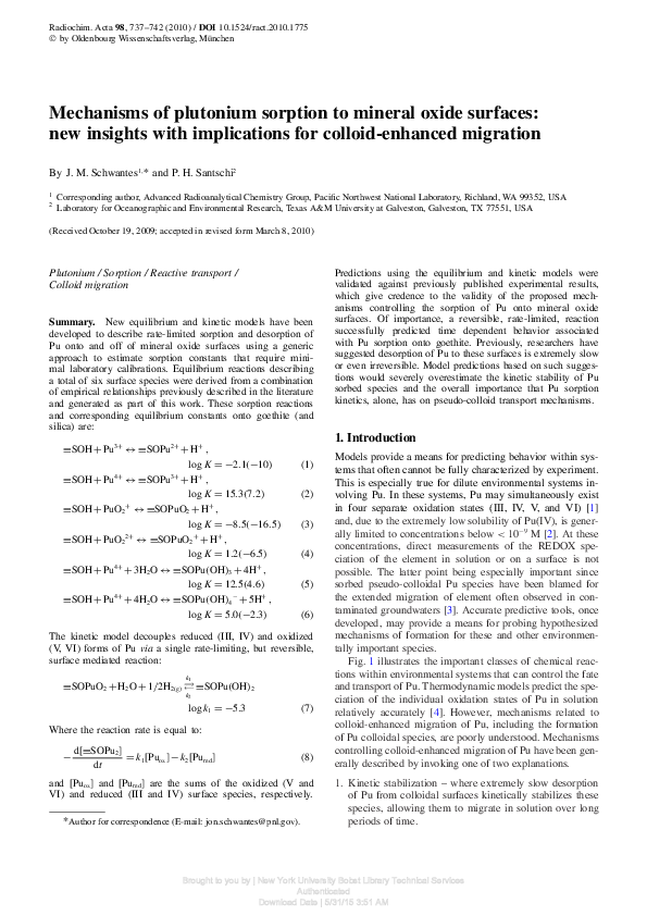 (PDF) Mechanisms of plutonium sorption to mineral oxide surfaces: new ...