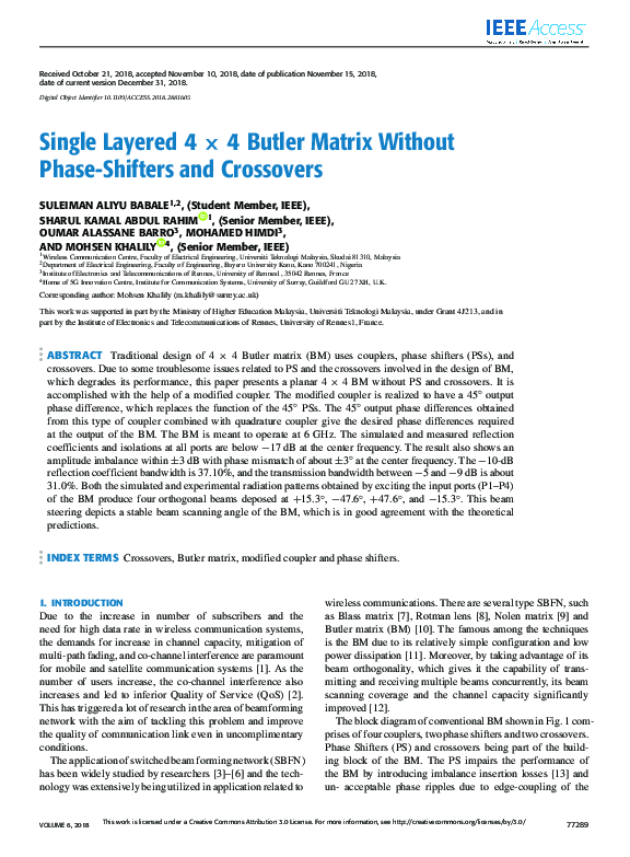 (PDF) Single Layered $4\times4$ Butler Matrix Without Phase-Shifters ...