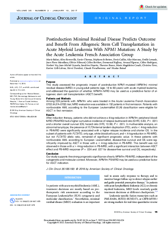 (PDF) Postinduction Minimal Residual Disease Predicts Outcome and ...