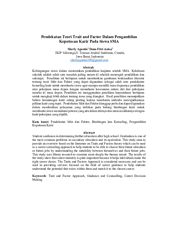 (PDF) Pendekatan Teori Trait and Factor Dalam Pengambilan Keputusan ...