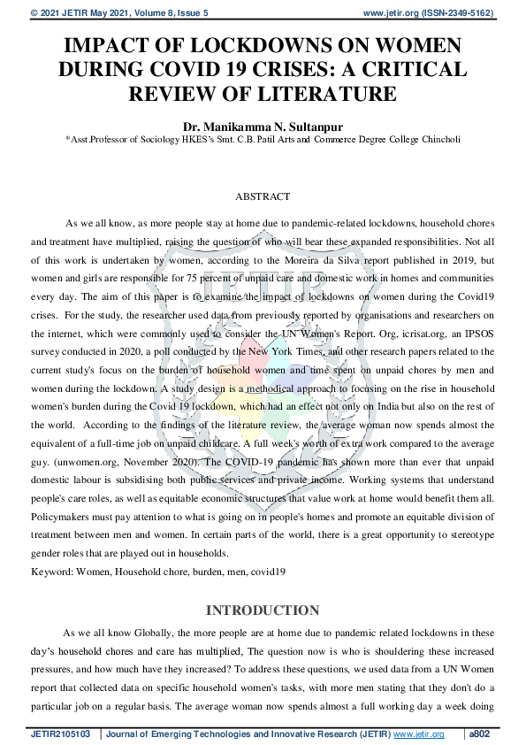 (PDF) Impact of Lockdowns on Women During Covid 19 Crises: A Critical ...