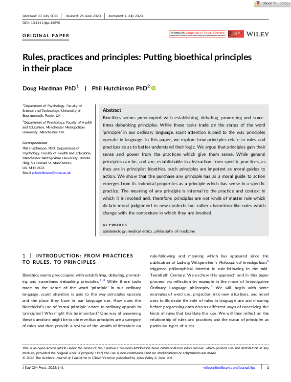 (PDF) Rules, practices and principles: Putting bioethical principles in ...