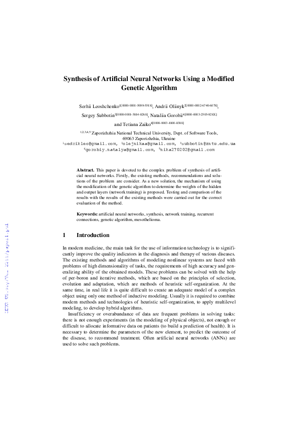 (PDF) Synthesis of Artificial Neural Networks Using a Modified Genetic ...