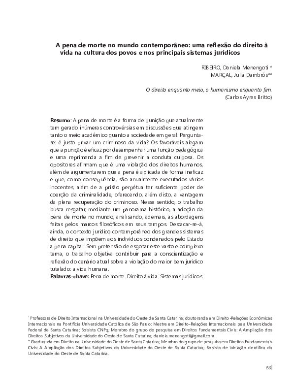 (PDF) A Pena de morte no mundo contemporâneo: uma reflexão do direito à ...