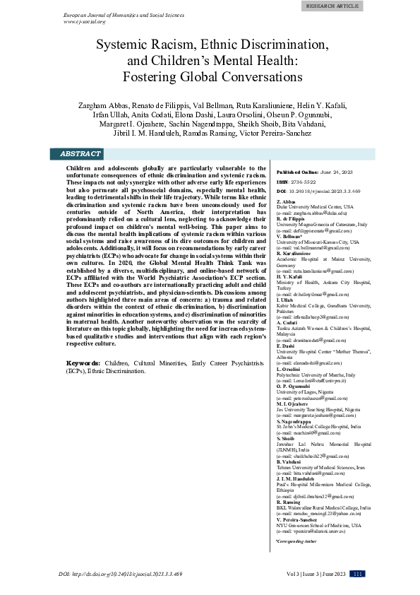 (PDF) Systemic Racism, Ethnic Discrimination, and Children’s Mental ...