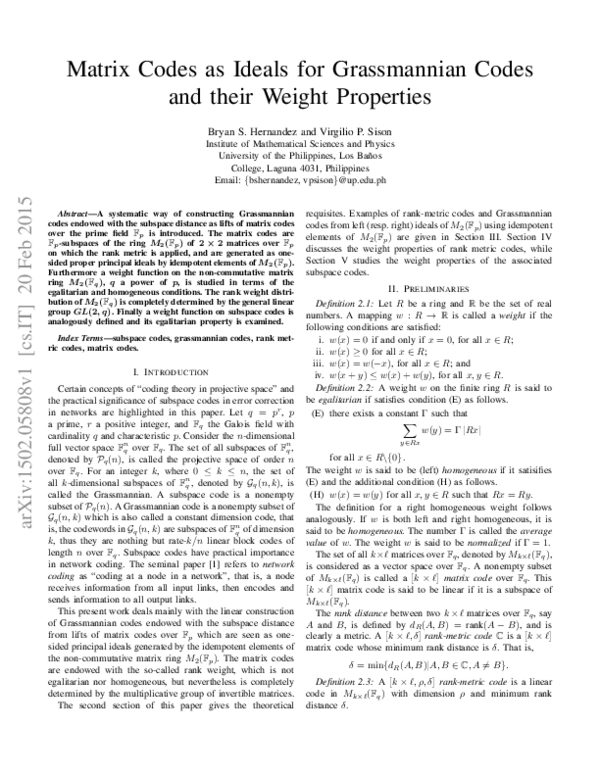 (PDF) Matrix Codes as Ideals for Grassmannian Codes and their Weight ...