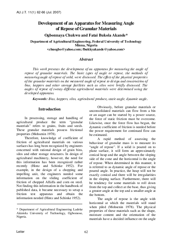 (PDF) Development of an Apparatus for Measuring Angle of Repose of ...