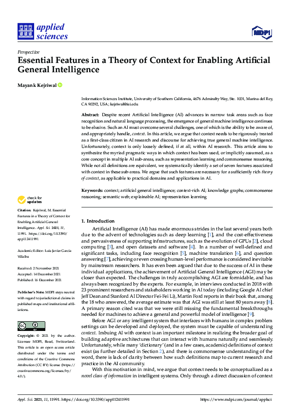 (PDF) Essential Features in a Theory of Context for Enabling Artificial ...