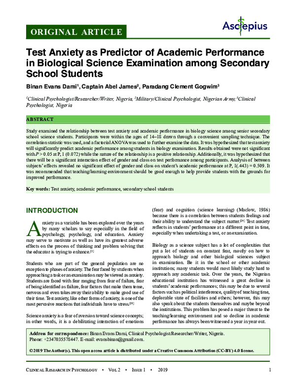 (PDF) Test Anxiety as Predictor of Academic Performance in Biological ...