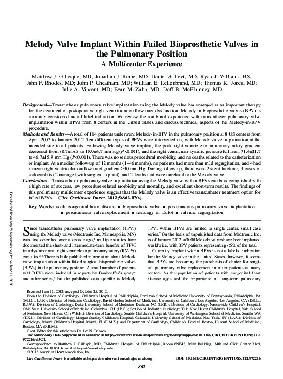 (PDF) Melody Valve Implant Within Failed Bioprosthetic Valves in the