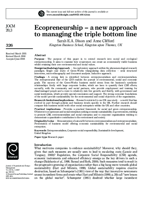 (PDF) Ecopreneurship – a new approach to managing the triple bottom line