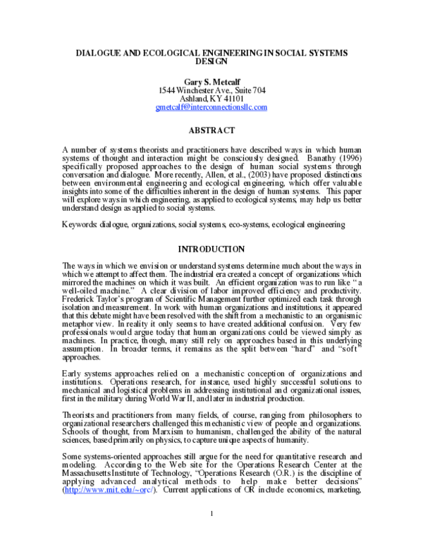 (PDF) Dialogue and ecological engineering in social systems design