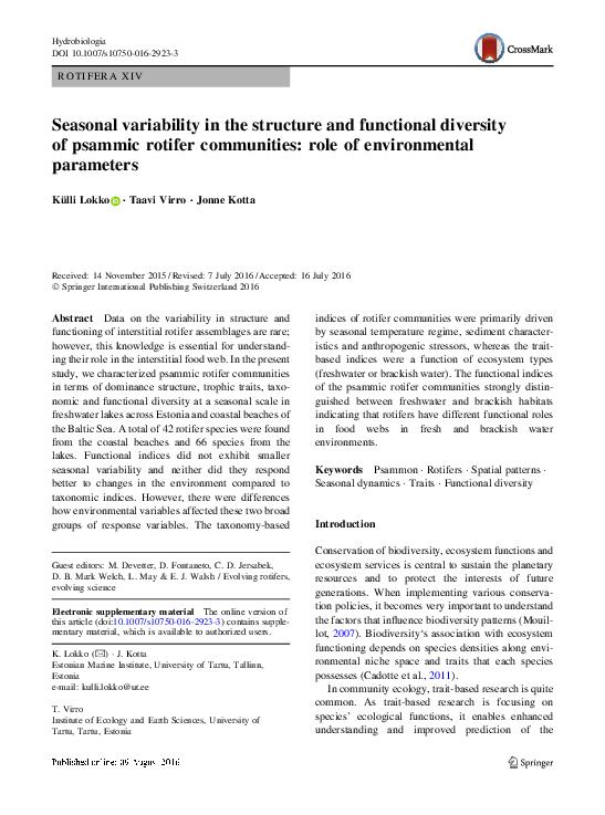 (PDF) Seasonal variability in the structure and functional diversity of ...