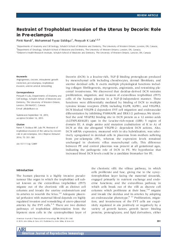 (PDF) Restraint of Trophoblast Invasion of the Uterus by Decorin: Role ...
