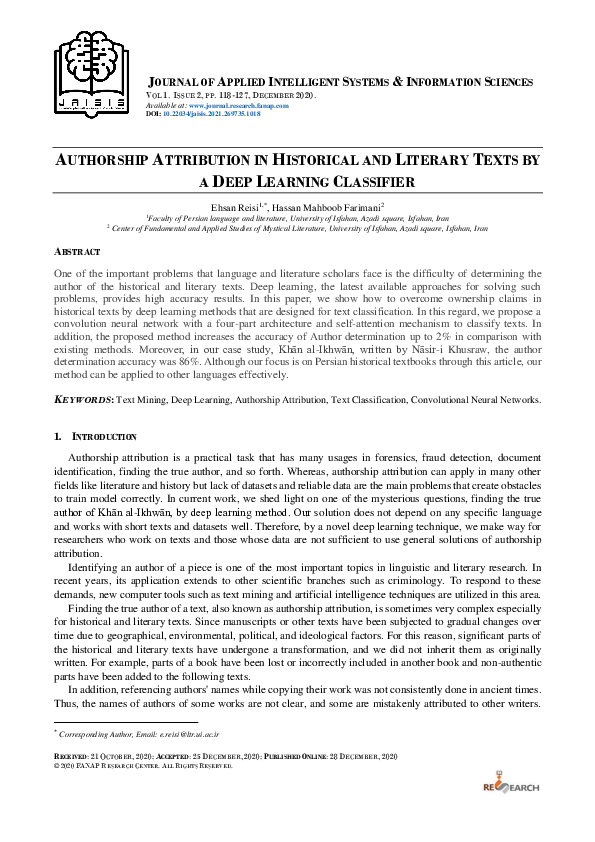 (PDF) Authorship Attribution in Historical and Literary Texts using a ...