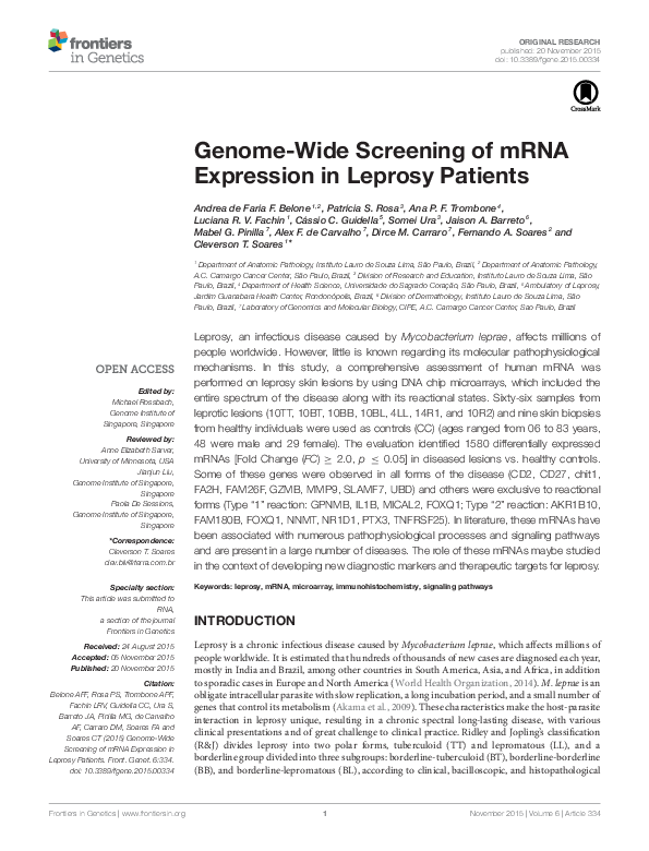 (PDF) Genome-Wide Screening of mRNA Expression in Leprosy Patients