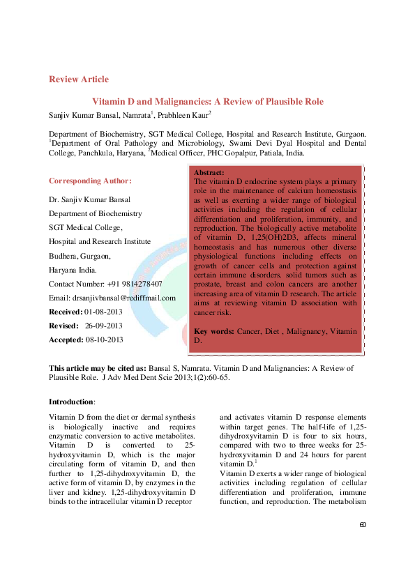(PDF) Review Article Vitamin D and Malignancies: A Review of Plausible Role