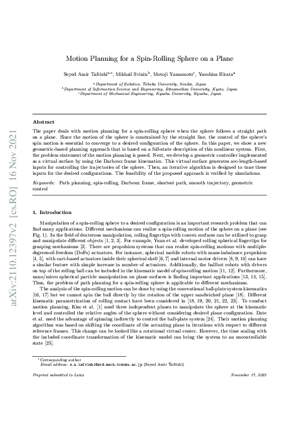 (PDF) Motion Planning of a Spin-Rolling Sphere on a Plane