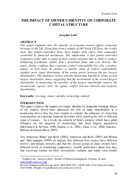 (PDF) The Impact of Owner’s Identity on Corporate Capital Structure