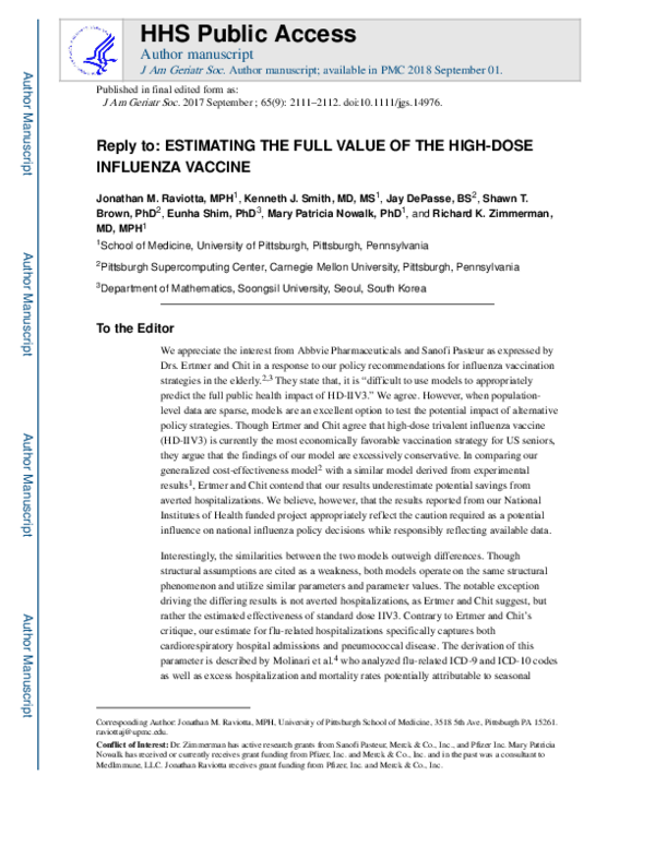 (PDF) Reply to: Estimating the Full Value of the High-Dose Influenza ...