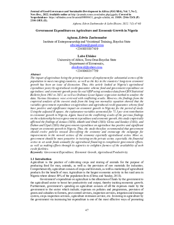 (PDF) Government Expenditure on Agriculture and Economic Growth in Nigeria