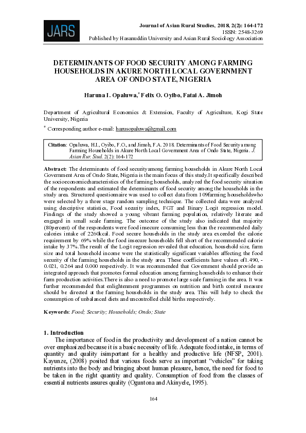(PDF) Determinants of Food Security Among Farming Households in Akure ...