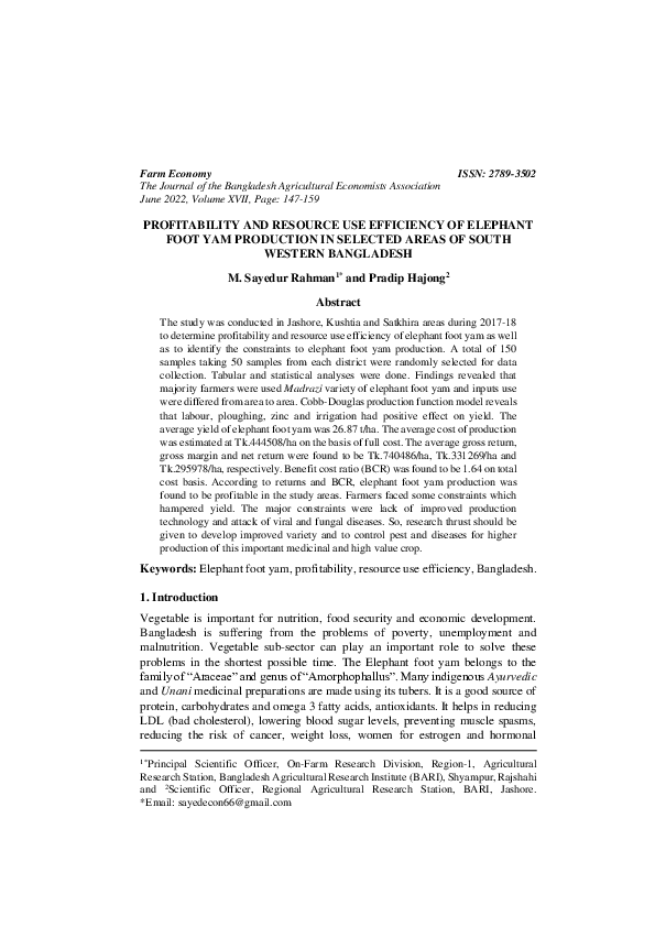 (PDF) PROFITABILITY AND RESOURCE USE EFFICIENCY OF ELEPHANT FOOT YAM ...