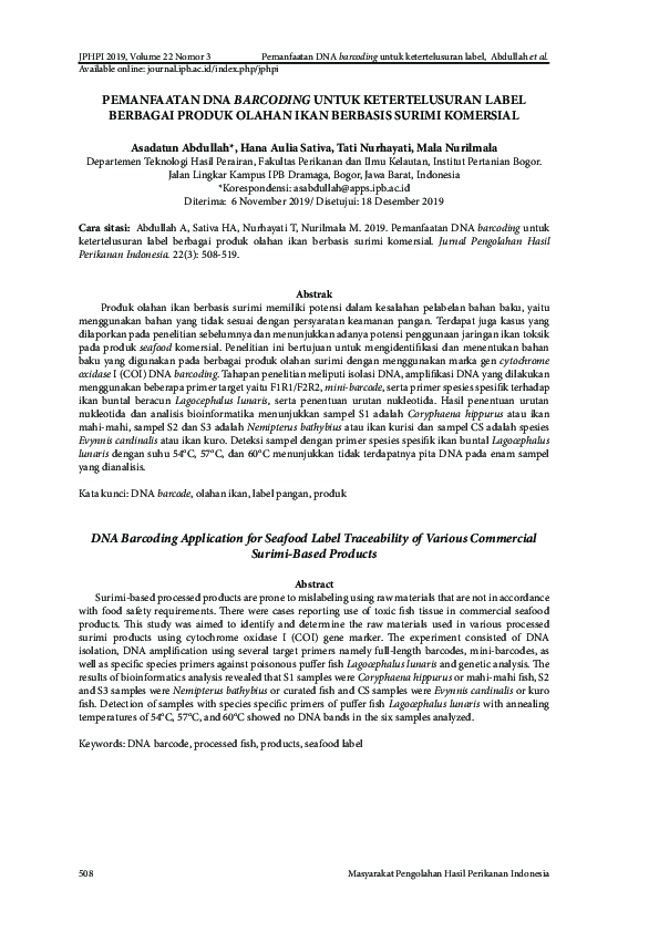 (PDF) DNA Barcoding Application for Seafood Label Traceability of ...