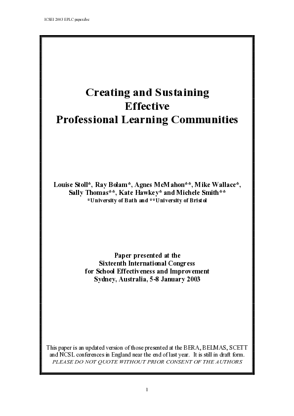 (PDF) Creating and sustaining effective professional learning communities