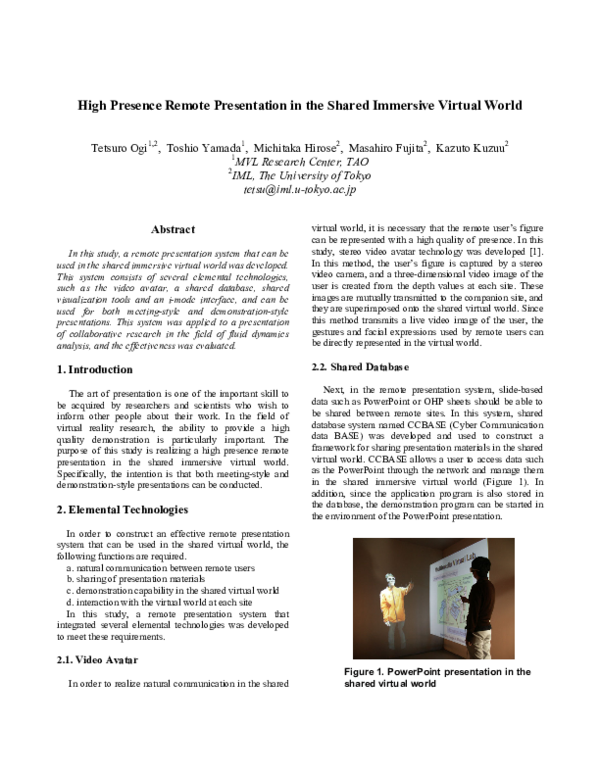 (PDF) High presence remote presentation in the shared immersive virtual ...