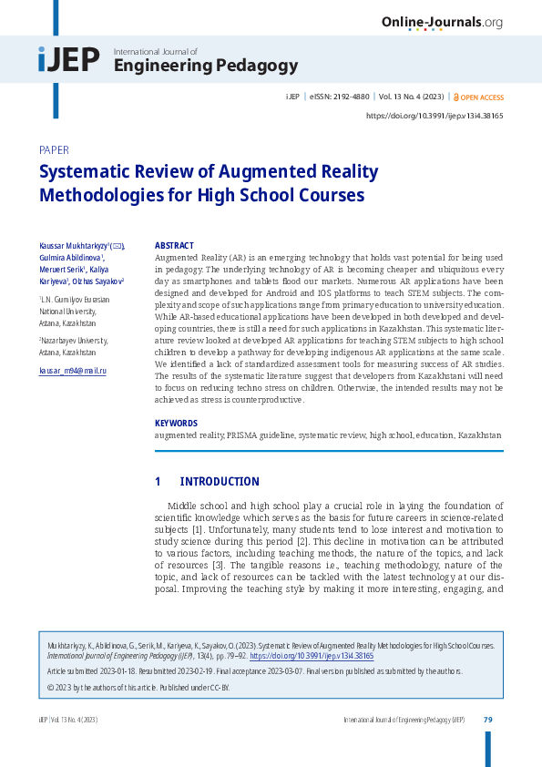 (PDF) Systematic Review of Augmented Reality Methodologies for High ...
