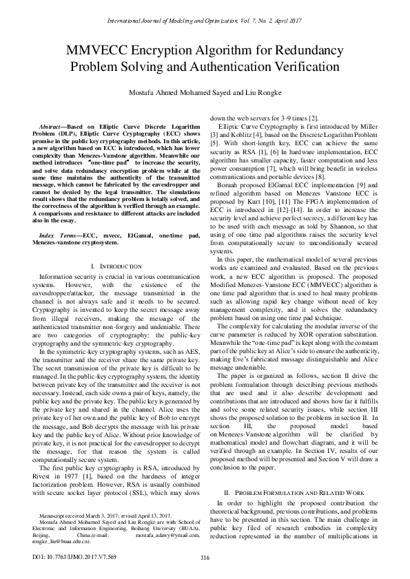 (PDF) MMVECC Encryption Algorithm for Redundancy Problem Solving and ...