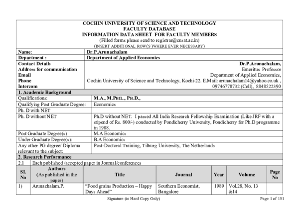 (DOC) COCHIN UNIVERSITY OF SCIENCE AND TECHNOLOGY FACULTY DATABASE ...