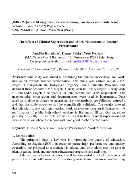 (PDF) The Effect of Clinical Supervision and Work Motivation on Teacher ...