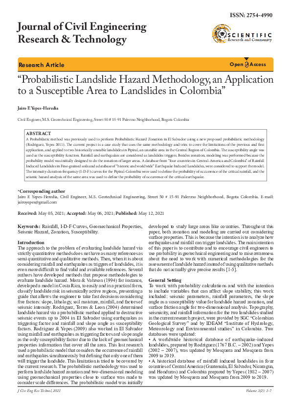 (PDF) “Probabilistic Landslide Hazard Methodology, an Application to a ...