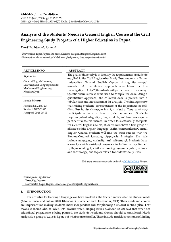 (PDF) Analysis of the Students' Needs in General English Course at the ...