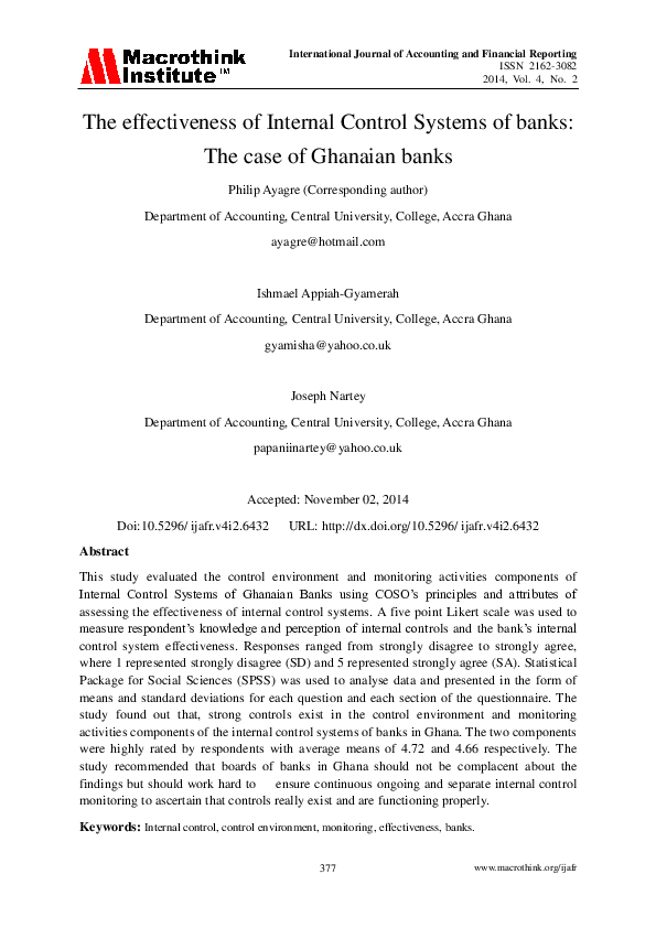 (PDF) The Effectiveness of Internal Control Systems of Banks. The Case ...