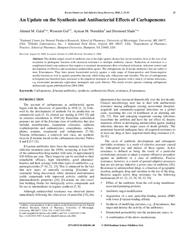 (PDF) An Update on the Synthesis and Antibacterial Effects of Carbapenems