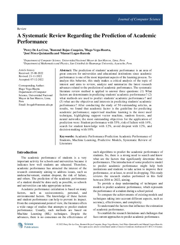 (PDF) A Systematic Review Regarding the Prediction of Academic Performance
