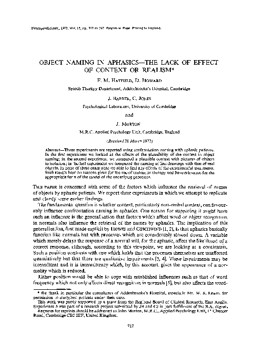 (PDF) Object naming in aphasics—the lack of effect of context or realism