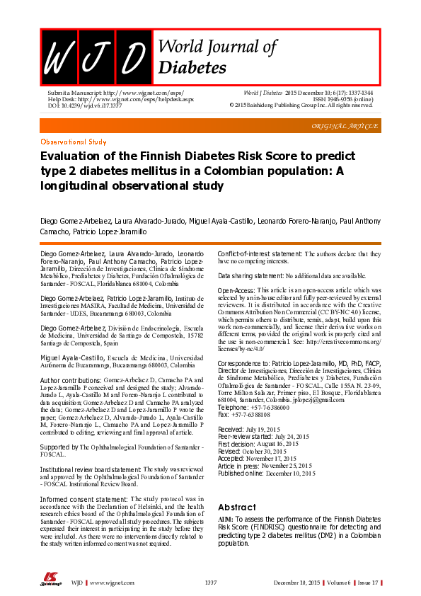 (PDF) Evaluation of the Finnish Diabetes Risk Score to predict type 2 ...