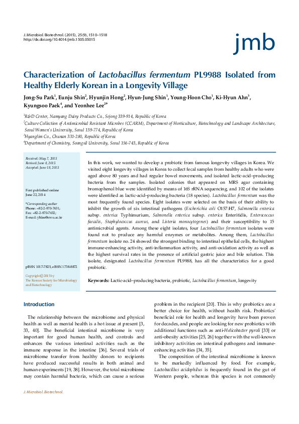 (PDF) Characterization of Lactobacillus fermentum PL9988 Isolated from ...