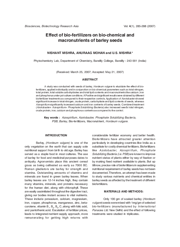 (PDF) Effect of bio-fertilizers on bio-chemical and macronutrients of ...