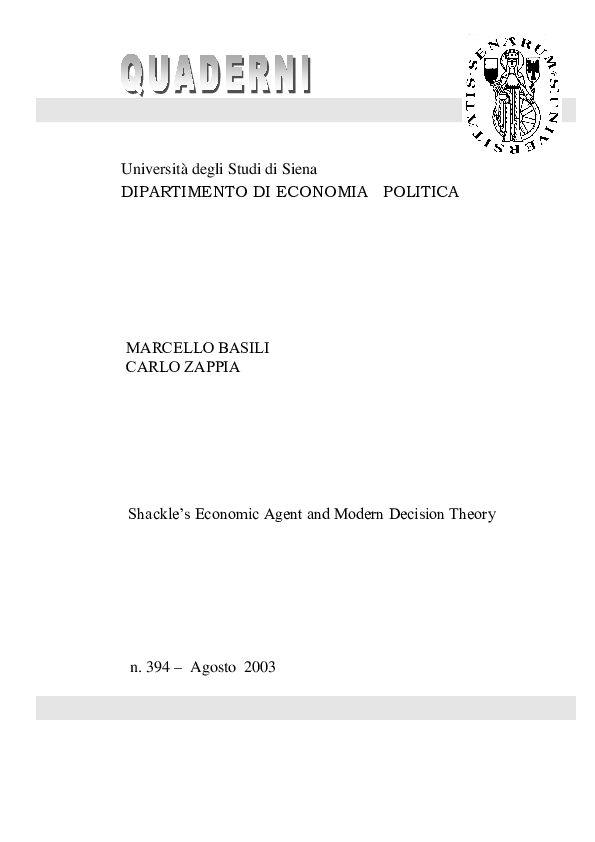(PDF) Shackle's Economic Agent and Modern Decision Theory