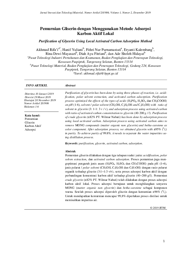 Purification of Glycerin Using Local Activated Carbon Adsorption Method