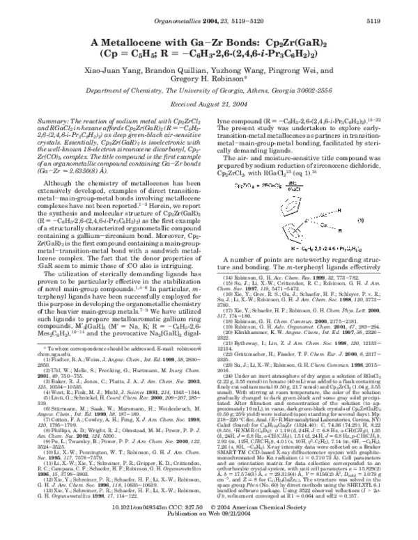 (PDF) A Metallocene with Ga−Zr Bonds: Cp2Zr(GaR)2 (Cp = C5H5; R = −C6H3 ...