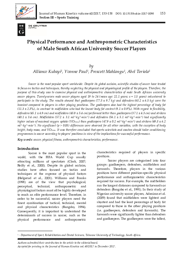 (PDF) Physical Performance and Anthropometric Characteristics of Male ...