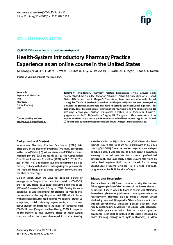 (PDF) Health-System Introductory Pharmacy Practice Experience as an ...
