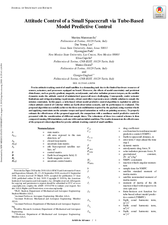 (PDF) Attitude Control of a Small Spacecraft via Tube-Based Model ...