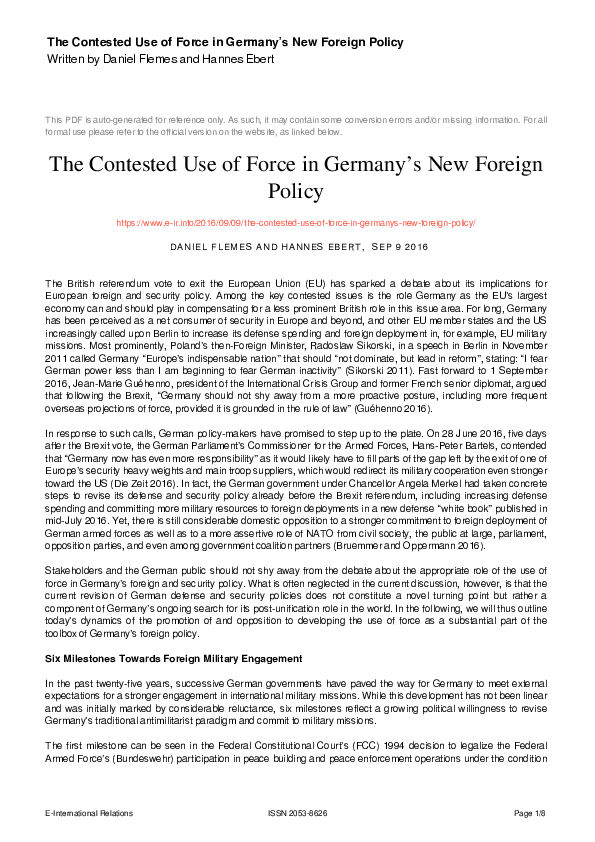 (PDF) The contested use of force in Germany's new foreign policy